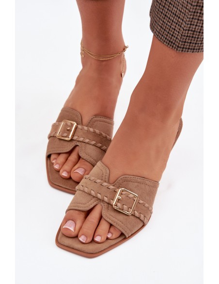 Women's High Heel Sandals With Strap And Gold Buckle Dark Beige Jelira