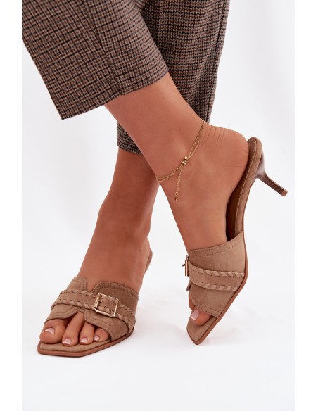 Women's High Heel Sandals With Strap And Gold Buckle Dark Beige Jelira