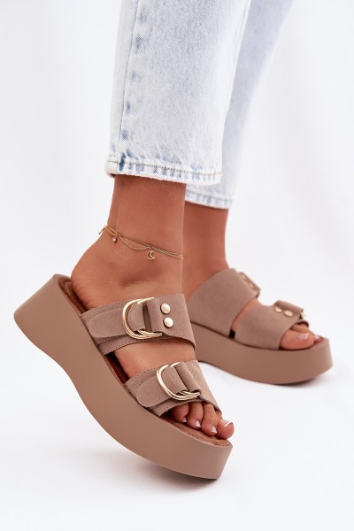 Women's Platform Sandals With Gold Buckles Dark Beige Nelirae