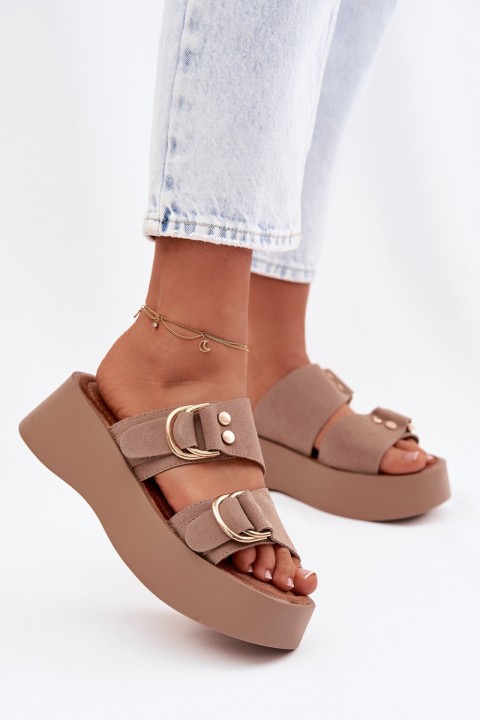 Women's Platform Sandals With Gold Buckles Dark Beige Nelirae