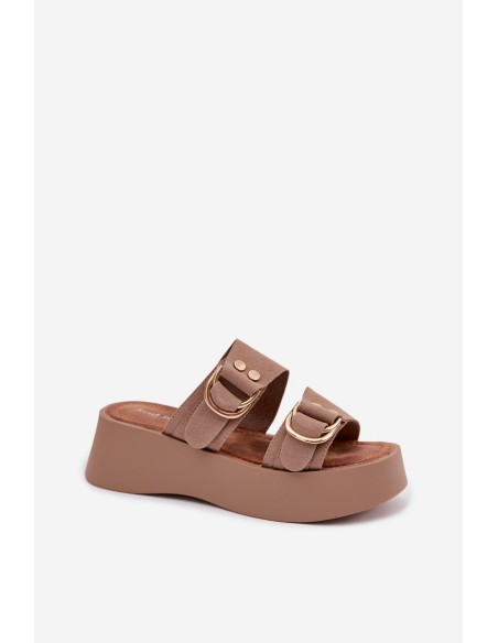 Women's Platform Sandals With Gold Buckles Dark Beige Nelirae
