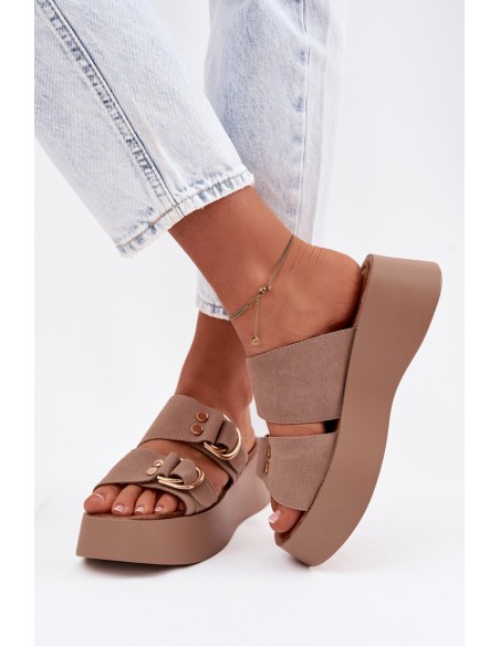 Women's Platform Sandals With Gold Buckles Dark Beige Nelirae