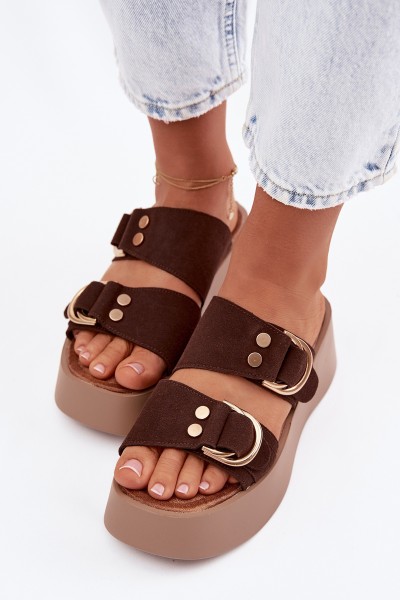 Women's Platform Sandals With Gold Buckles Chocolate Nelirae