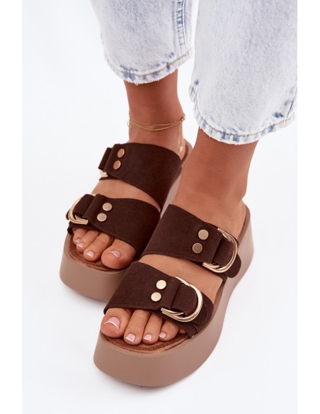 Women's Platform Sandals With Gold Buckles Chocolate Nelirae