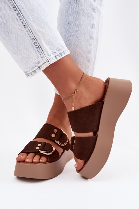 Women's Platform Sandals With Gold Buckles Chocolate Nelirae