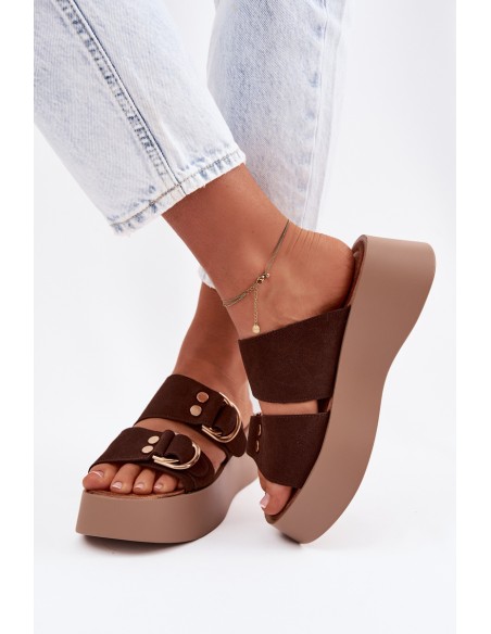 Women's Platform Sandals With Gold Buckles Chocolate Nelirae