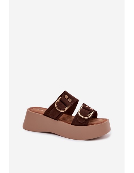 Women's Platform Sandals With Gold Buckles Chocolate Nelirae