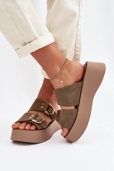 Women's Platform Sandals With Gold Buckles Olive Nelirae