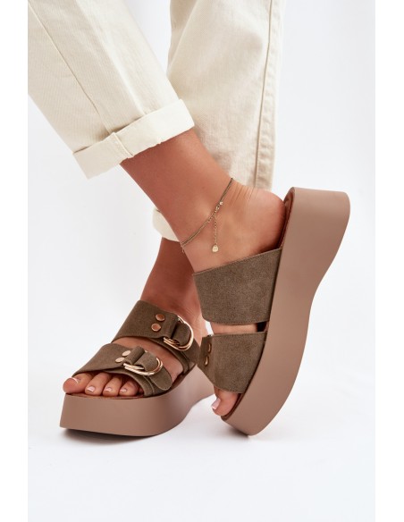 Women's Platform Sandals With Gold Buckles Olive Nelirae