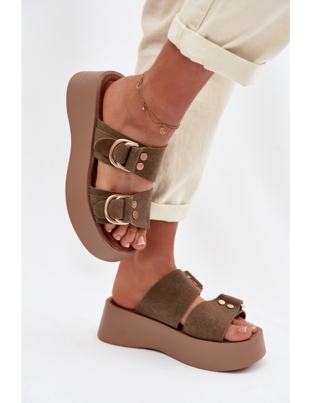 Women's Platform Sandals With Gold Buckles Olive Nelirae