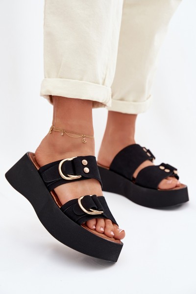 Women's Platform Sandals With Gold Buckles Black Nelirae