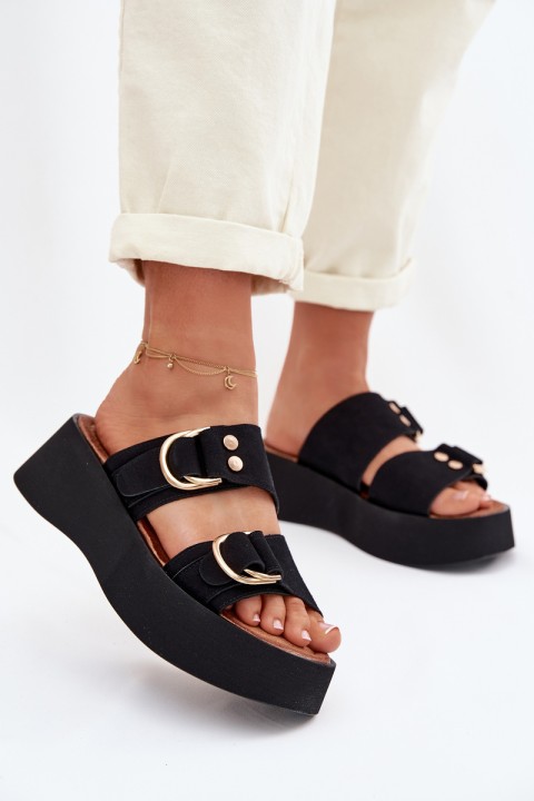 Women's Platform Sandals With Gold Buckles Black Nelirae