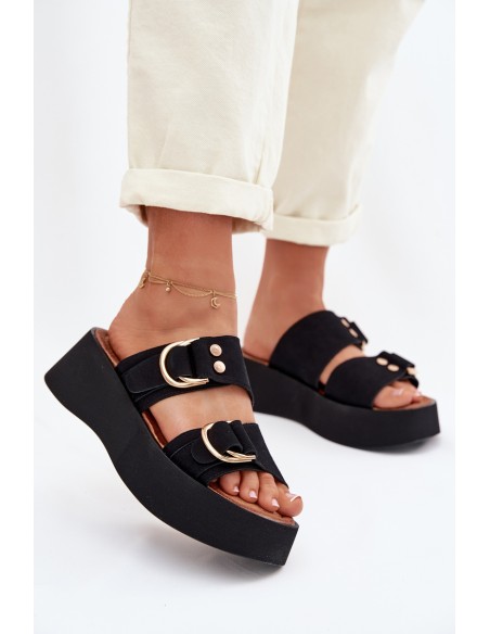 Women's Platform Sandals With Gold Buckles Black Nelirae