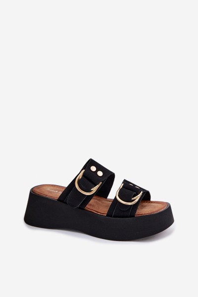 Women's Platform Sandals With Gold Buckles Black Nelirae 2
