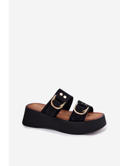 Women's Platform Sandals With Gold Buckles Black Nelirae