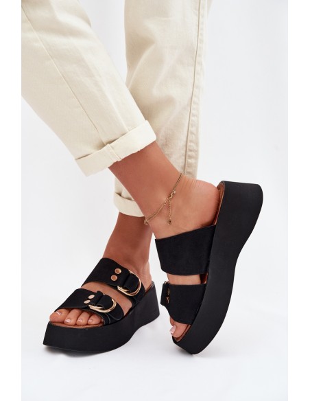 Women's Platform Sandals With Gold Buckles Black Nelirae