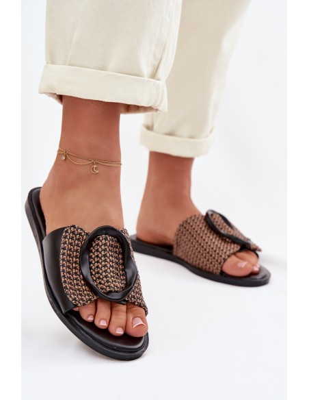 Women's Flat Black Jamira Slides With Decorative Buckle