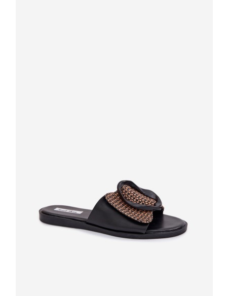 Women's Flat Black Jamira Slides With Decorative Buckle