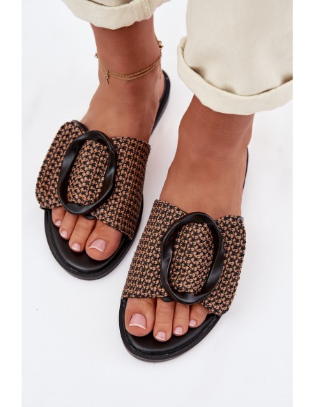 Women's Flat Black Jamira Slides With Decorative Buckle