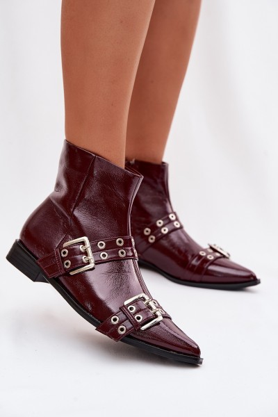 Patent Leather Women's Flat Heel Ankle Boots With Straps And Buckles Bordeaux Hamira