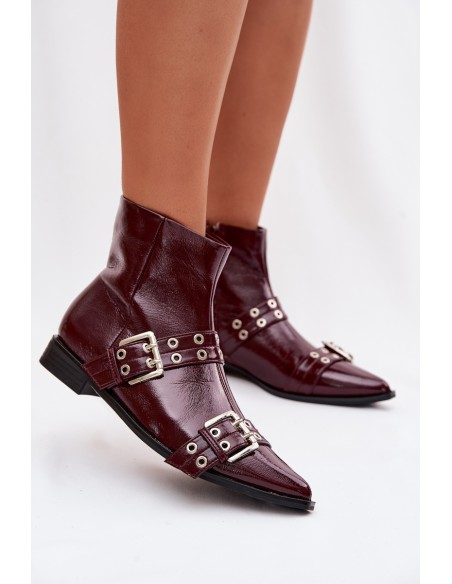 Patent Leather Women's Flat Heel Ankle Boots With Straps And Buckles Bordeaux Hamira