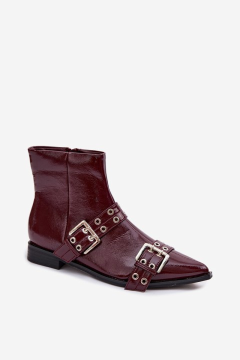 Patent Leather Women's Flat Heel Ankle Boots With Straps And Buckles Bordeaux Hamira