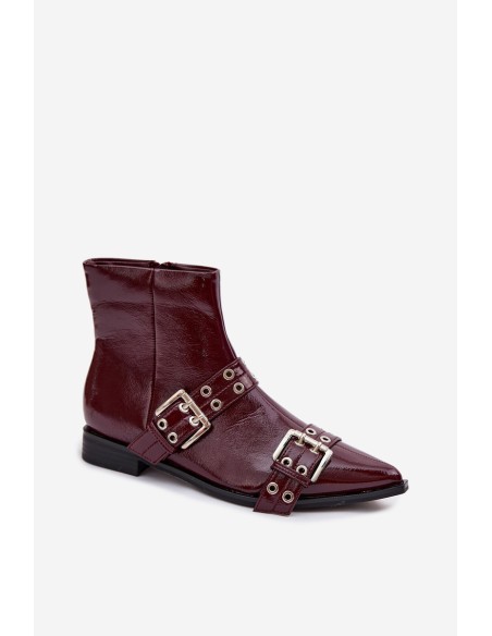 Patent Leather Women's Flat Heel Ankle Boots With Straps And Buckles Bordeaux Hamira