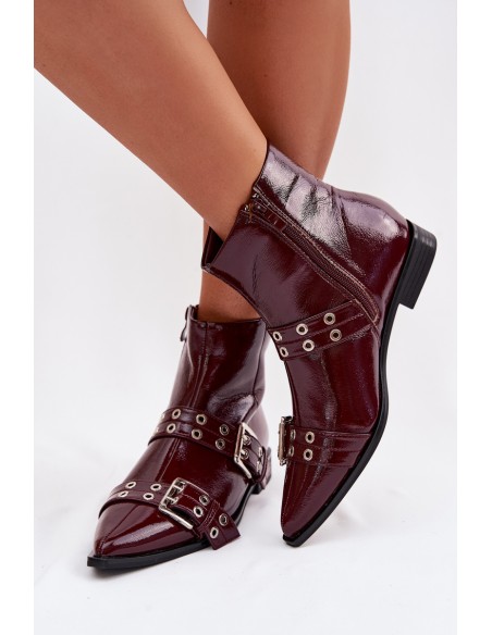 Patent Leather Women's Flat Heel Ankle Boots With Straps And Buckles Bordeaux Hamira