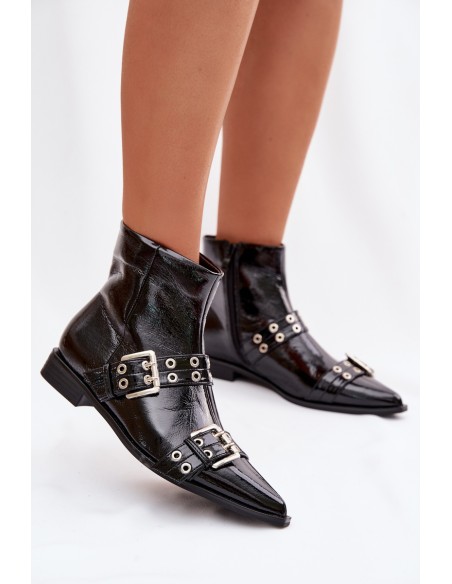 Patent Women's Flat Ankle Boots With Straps and Buckles Black Hamira