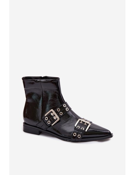 Patent Women's Flat Ankle Boots With Straps and Buckles Black Hamira