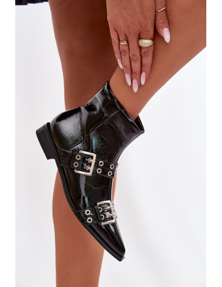 Patent Women's Flat Ankle Boots With Straps and Buckles Black Hamira