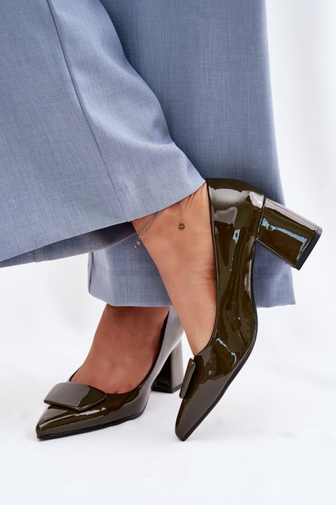 Patent Leather Block Heel Shoes With Embellishment Dark Green Isoline