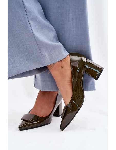 Patent Leather Block Heel Shoes With Embellishment Dark Green Isoline