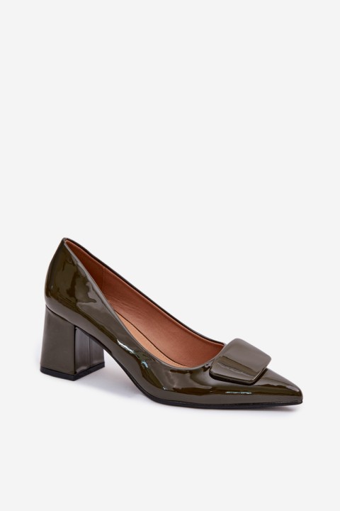 Patent Leather Block Heel Shoes With Embellishment Dark Green Isoline