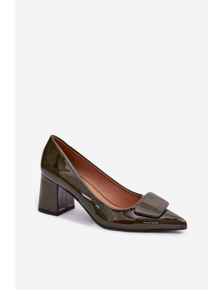 Patent Leather Block Heel Shoes With Embellishment Dark Green Isoline