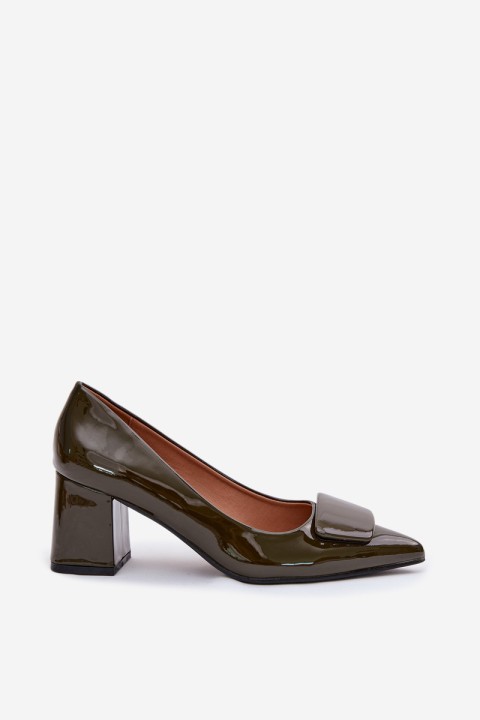 Patent Leather Block Heel Shoes With Embellishment Dark Green Isoline