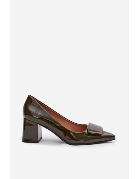 Patent Leather Block Heel Shoes With Embellishment Dark Green Isoline