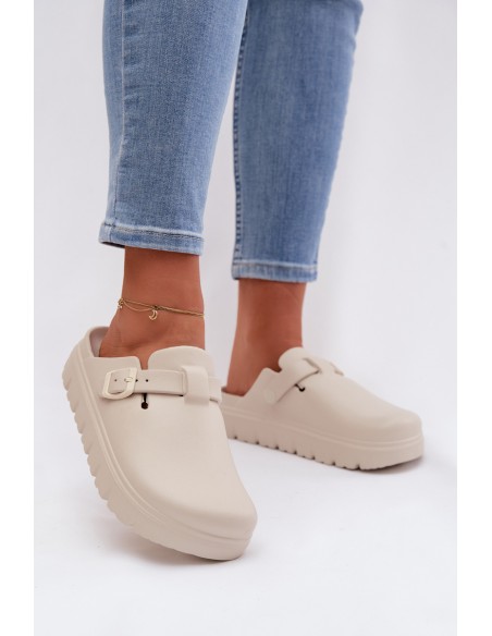 Women's Foam Slides With Strap and Buckle Beige Larinie