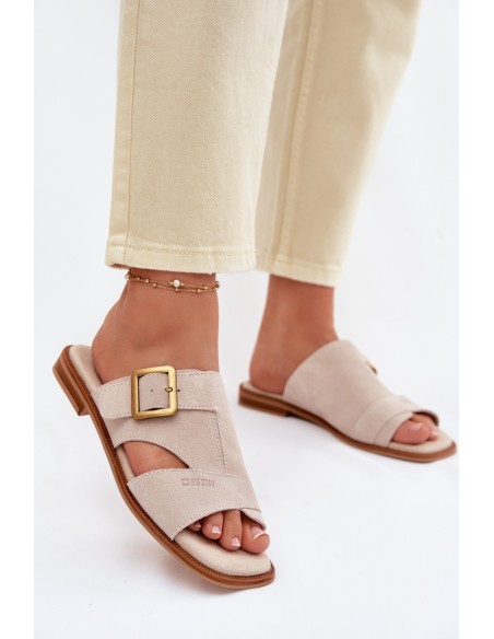 Suede Women's Flat Sandals With Buckle Big Star TT274476 Beige