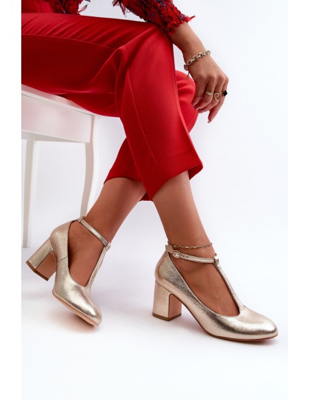 Faux Leather Pumps on Block Heel Gold Raniyah