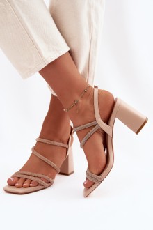 Women's Block Heel Sandals With Straps and Rhinestones Beige Brelia