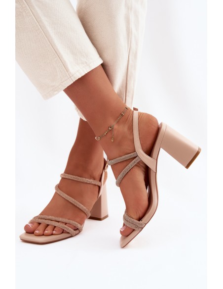 Women's Block Heel Sandals With Straps and Rhinestones Beige Brelia