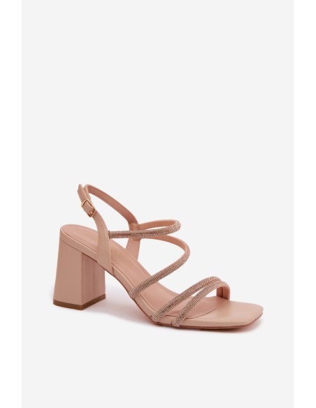 Women's Block Heel Sandals With Straps and Rhinestones Beige Brelia