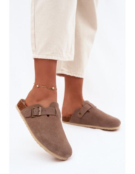 Women's Chodaki Slippers From Natural Suede Vinceza 101332 Dark Beige