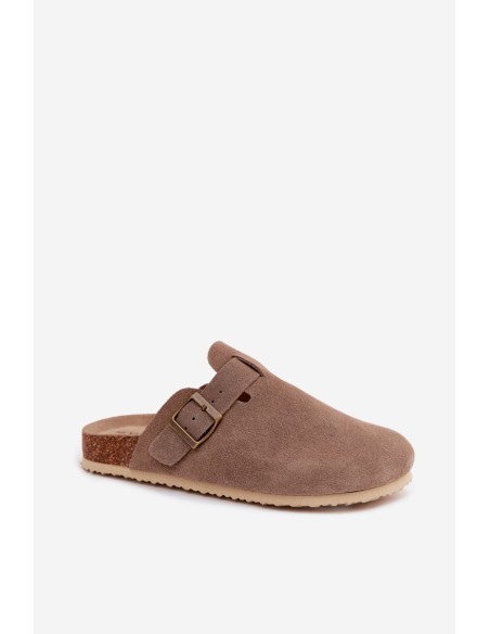 Women's Chodaki Slippers From Natural Suede Vinceza 101332 Dark Beige