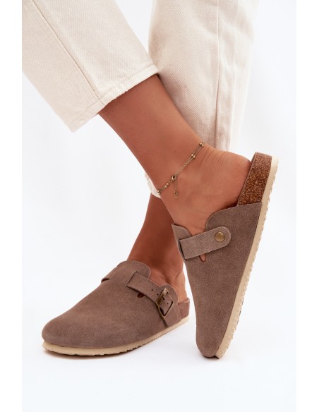 Women's Chodaki Slippers From Natural Suede Vinceza 101332 Dark Beige