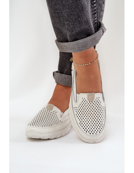 Lightweight Leather Perforated Women's Moccasins On Platform White Tanelora
