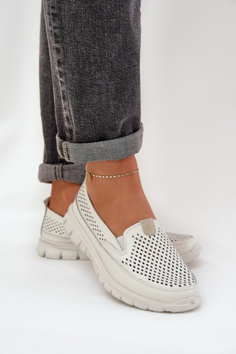 Lightweight Leather Perforated Women's Moccasins On Platform White Tanelora