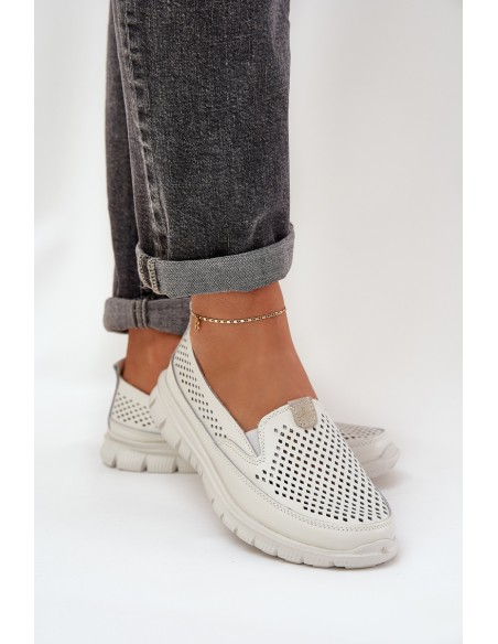Lightweight Leather Perforated Women's Moccasins On Platform White Tanelora