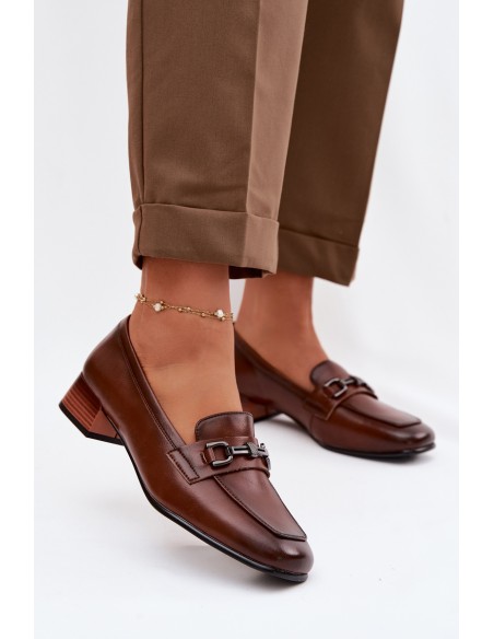 Leather Women's Block Heel Shoes With Decoration Vinceza 39978 Brown